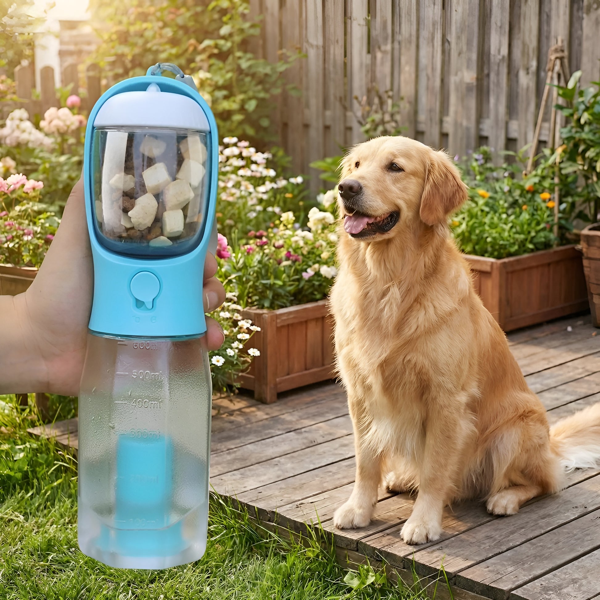 Multifunctional 3-in-1 dog travel bottle featuring an integrated poop bag dispenser.
