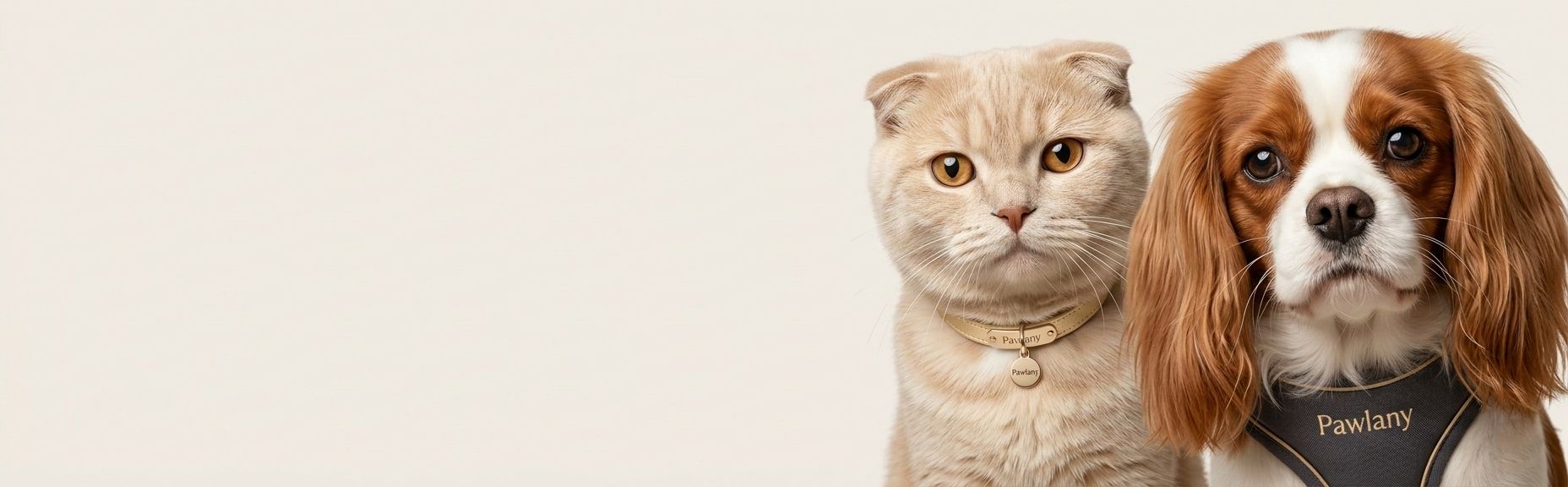 Cat with engraved collar and dog with harness on beige background, pet accessories