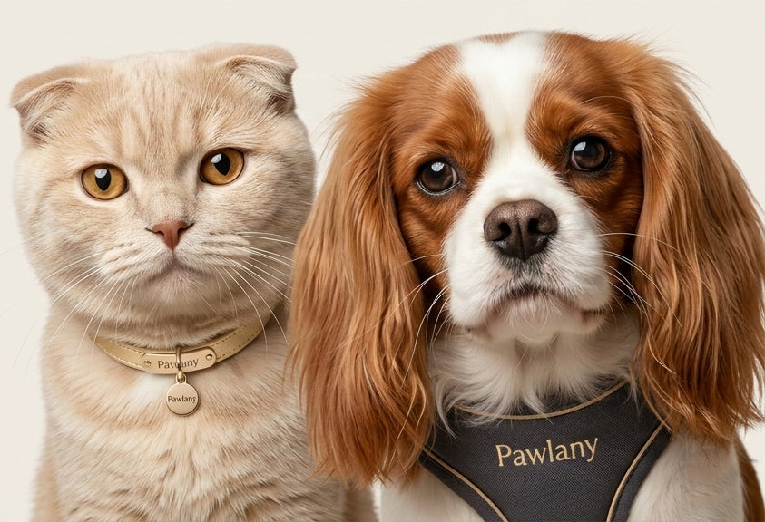 Cat and dog wearing stylish pet collar and harness with engraved tags