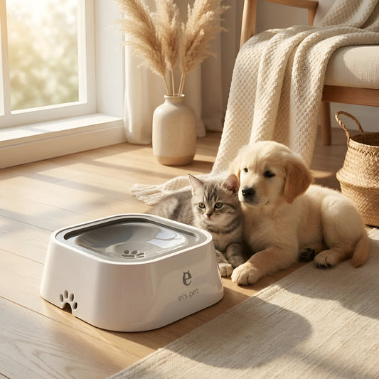 1.5L anti-spill dog water bowl with floating disk technology for mess-free drinking.