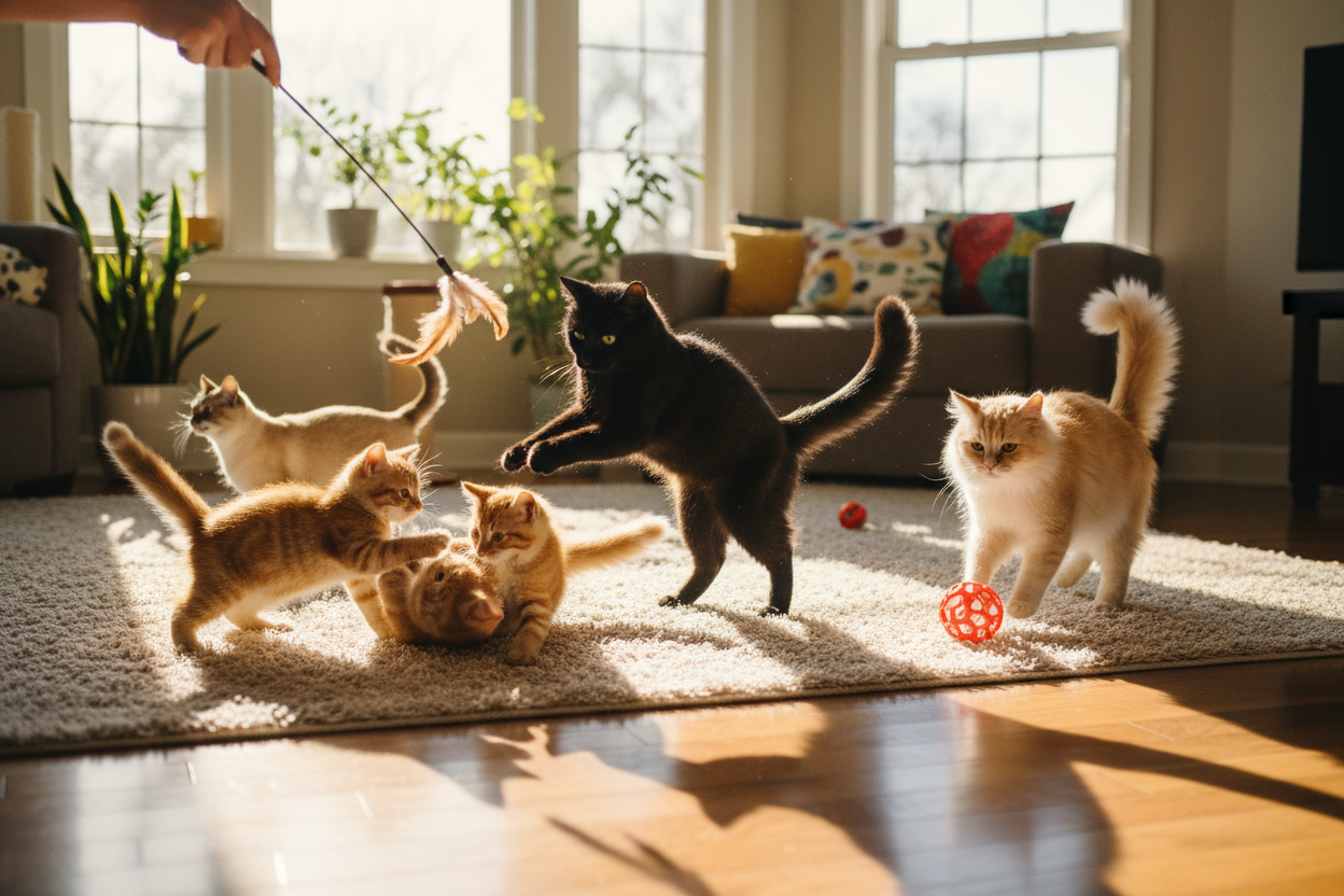 Multiple cats playing with toys on a living room rug in natural sunlight