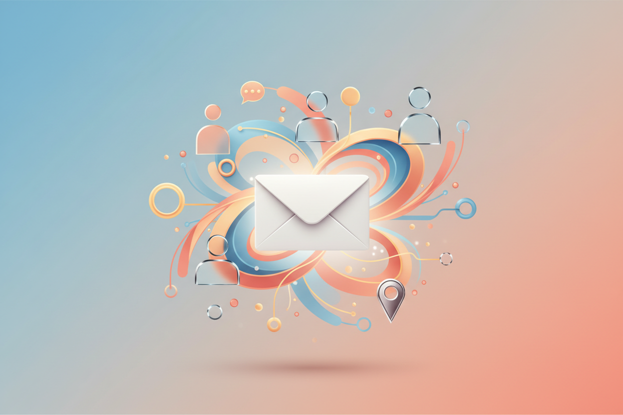 contact communication envelope icon with abstract user symbols and chat elements on gradient background