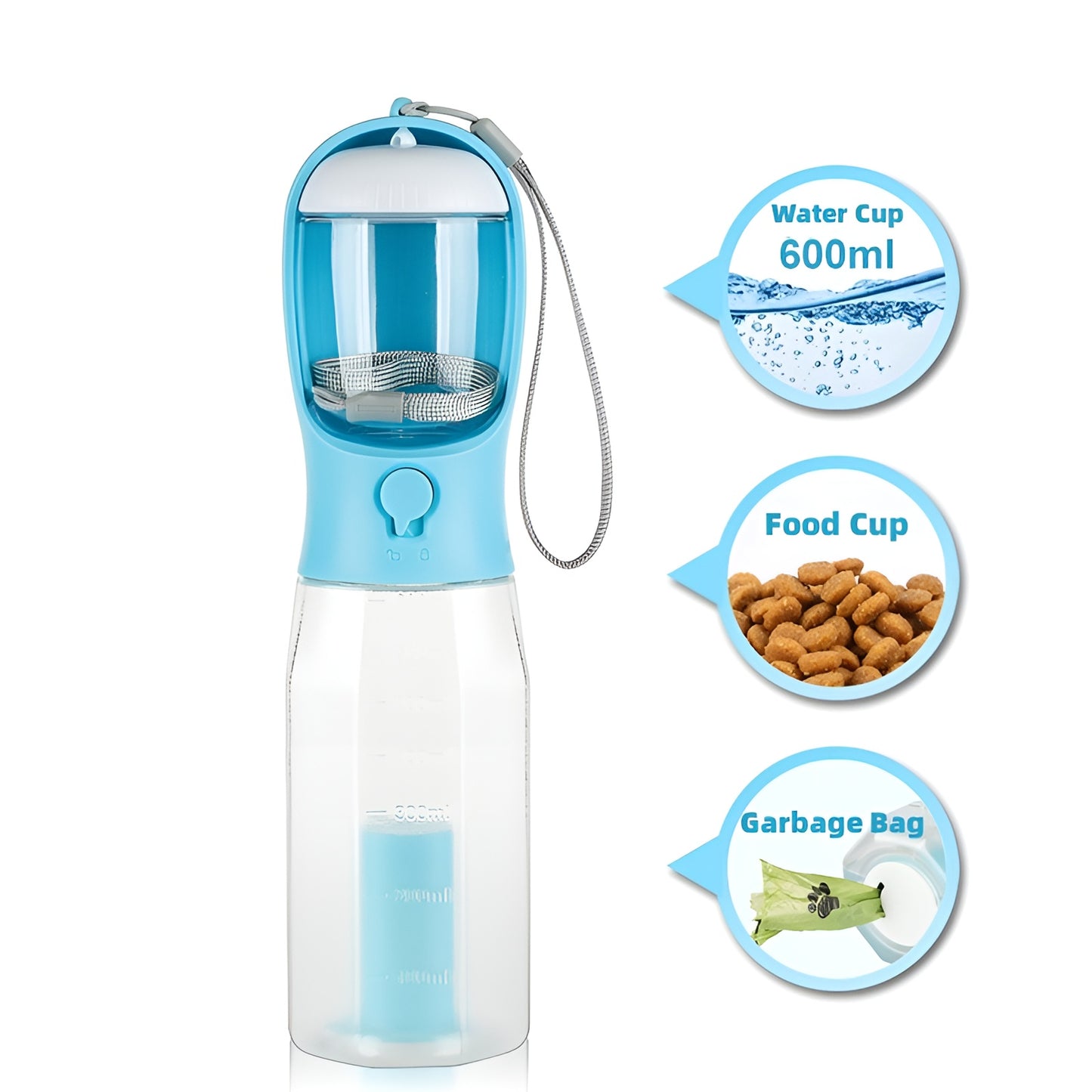 Ultimate dog walking bottle that holds water, food, and waste bags in one tool.