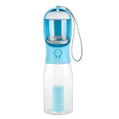 Outdoor dog water bottle featuring a secure storage compartment for waste bags.