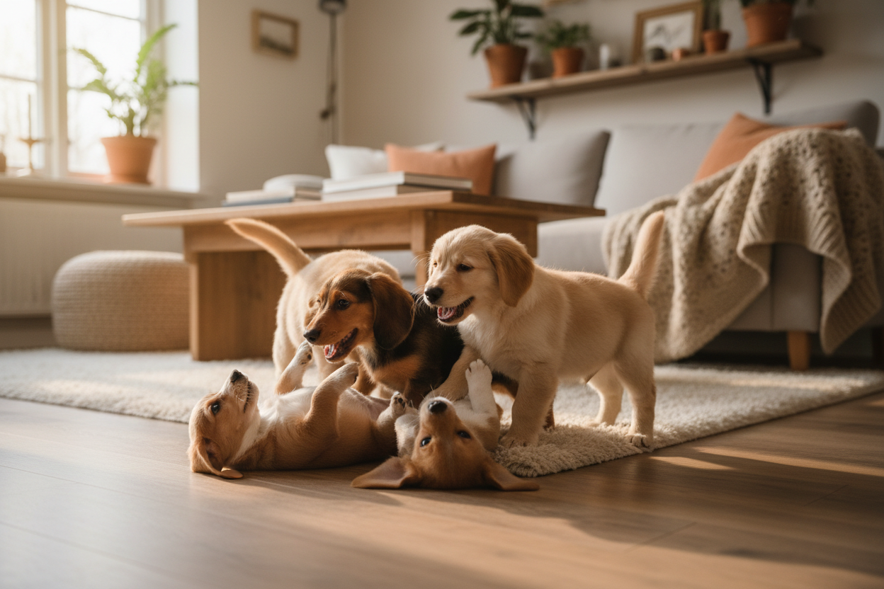 Playful puppies on cozy Scandinavian living room rug with wooden furniture and warm tones