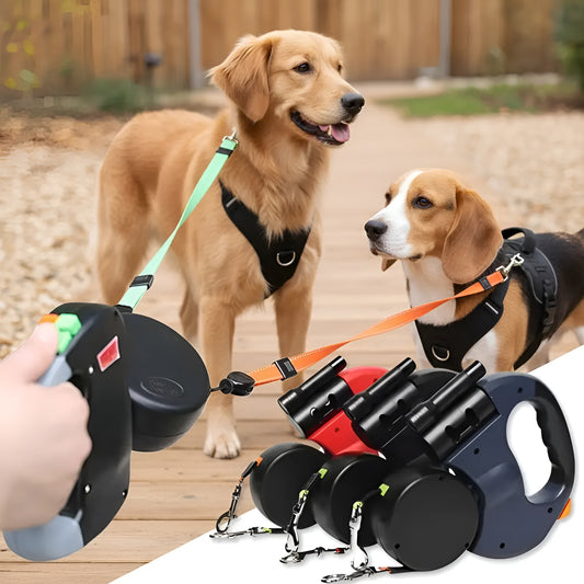 Dual retractable dog leash with 360-degree swivel to prevent tangling while walking two dogs.