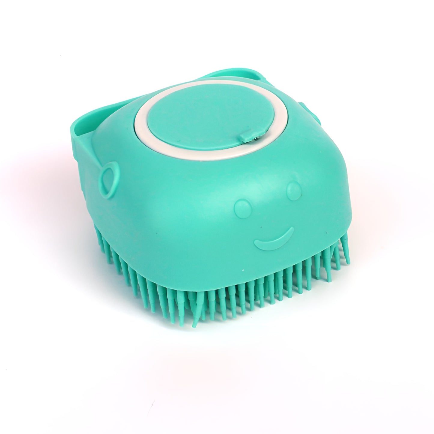 Easy-fill shampoo pet grooming brush with a secure leak-proof storage tank.