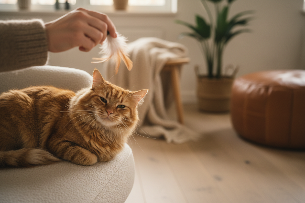 Ginger cat lounging on a cream chair, playing with feather toy in cozy living room