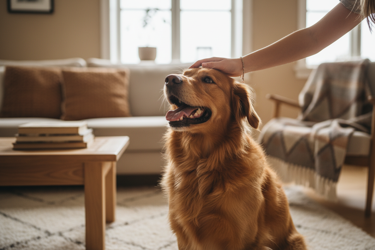 Happy ginger dog being petted in a cozy Scandinavian living room with beige and brown decor