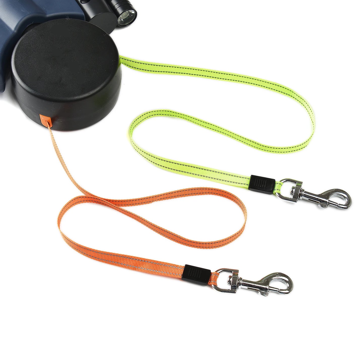 Heavy-duty double dog walking leash with individual locking systems for each pet.