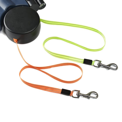 Heavy-duty double dog walking leash with individual locking systems for each pet.