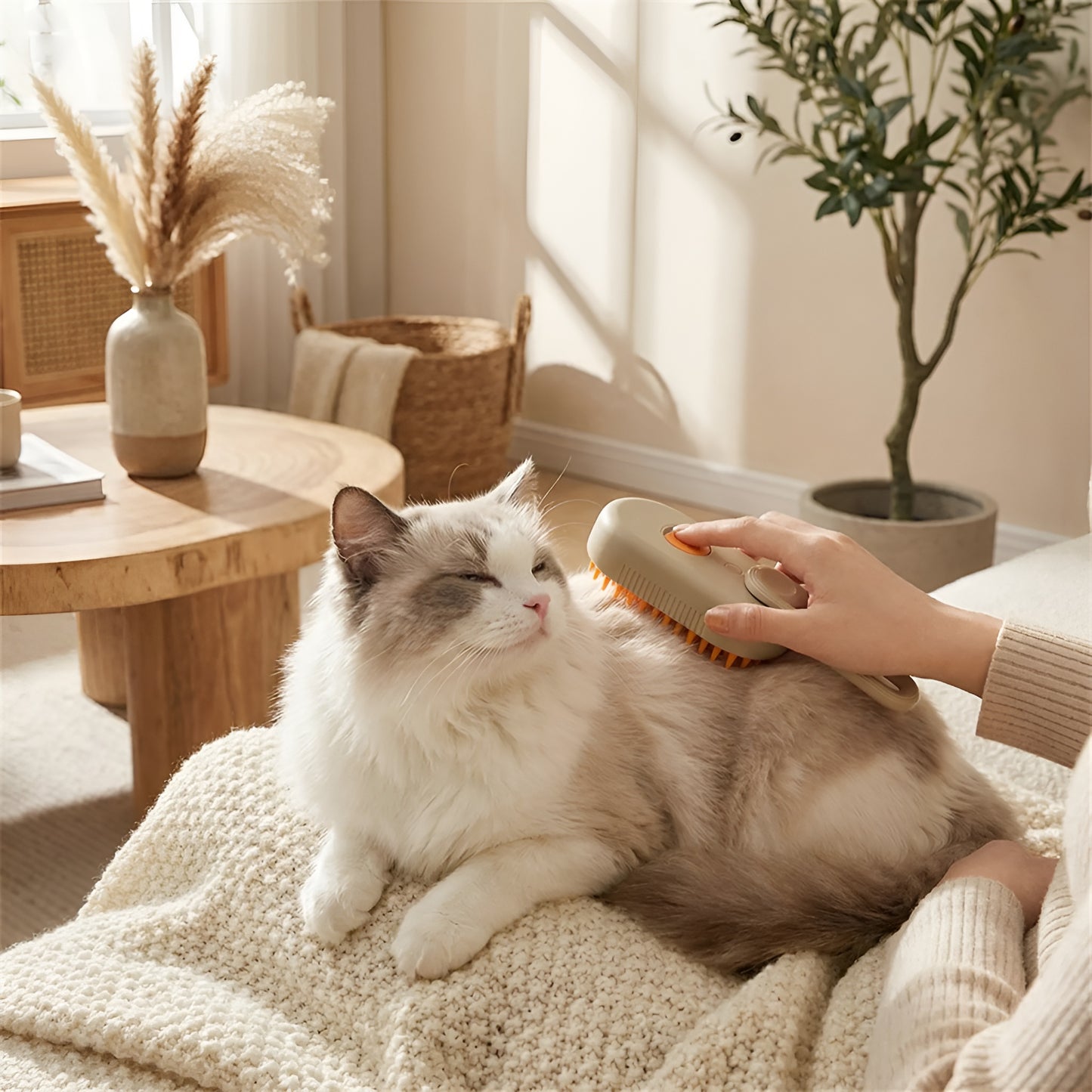 3-in-1 electric steamy cat brush for grooming, massaging, and hair removal.