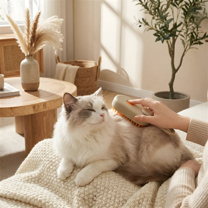 3-in-1 electric steamy cat brush for grooming, massaging, and hair removal.