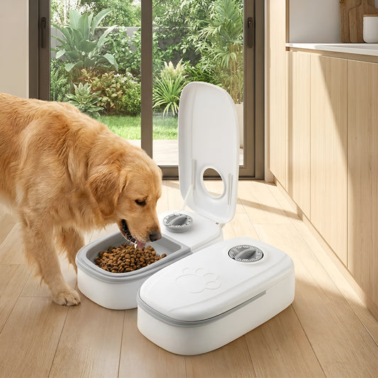 Automatic pet feeder with a durable stainless steel bowl for cats and dogs.