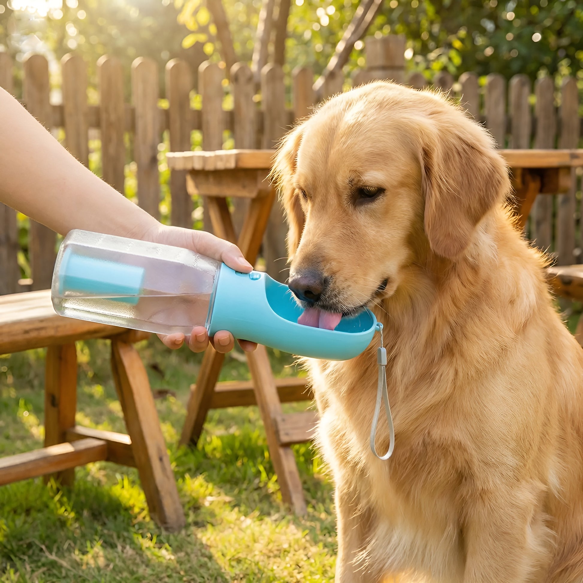 Portable dog water bottle combined with a convenient food feeder compartment.