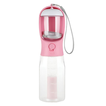 Portable pet drinker with an attached food container, perfect for hiking and travel.