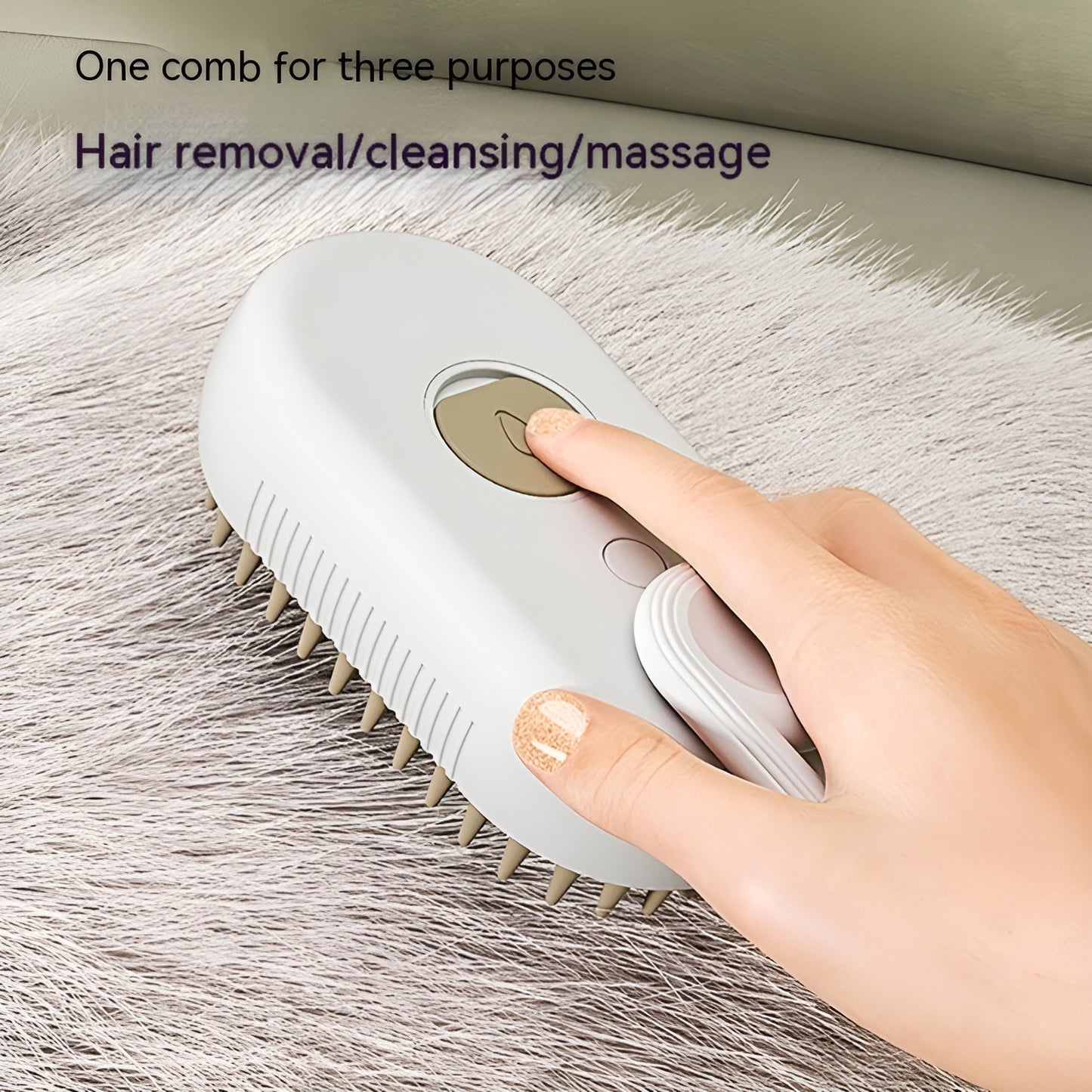 Portable USB rechargeable pet grooming comb with steam spray technology.