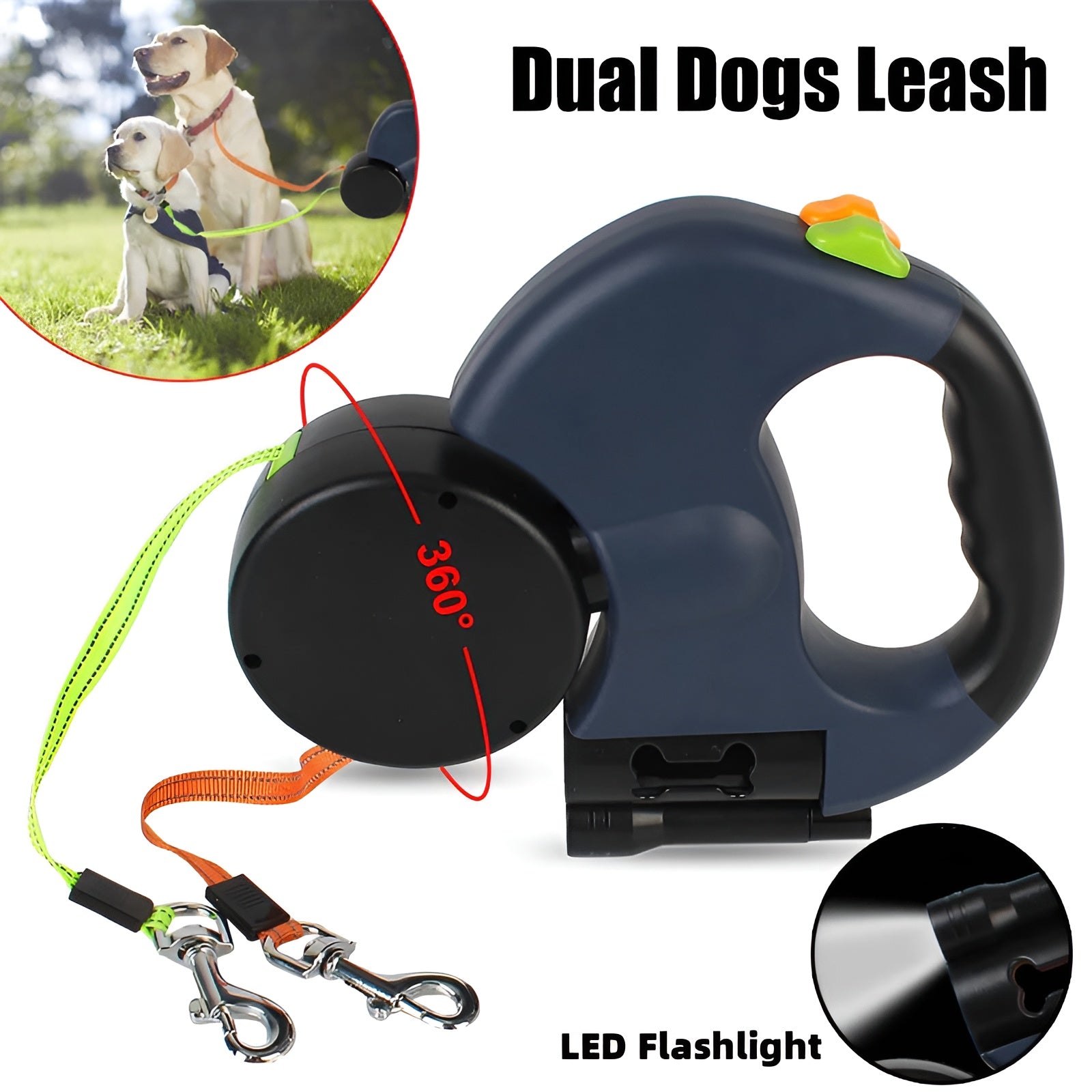 Reflective double dog leash for high visibility and safety during night walks.